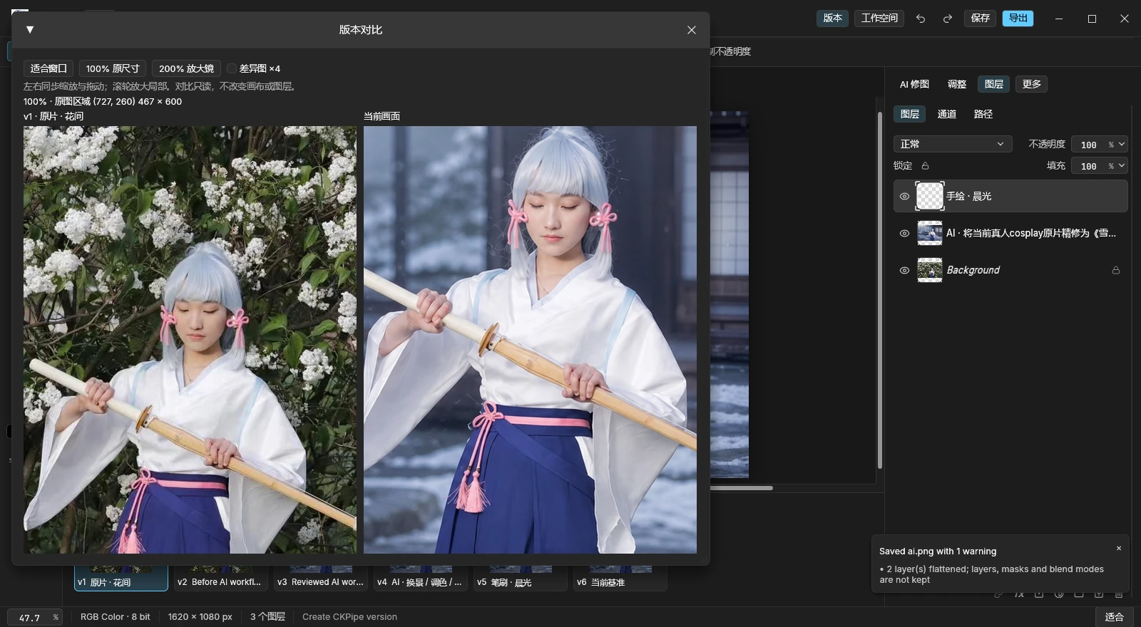 人物发丝和脸部的原尺寸版本对比